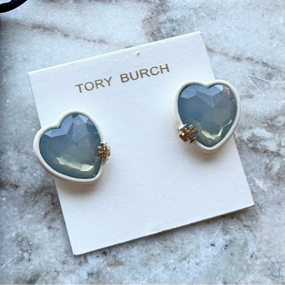 Tory Burch Blue Heart Pendant with Gold & White Accent Statement Earrings